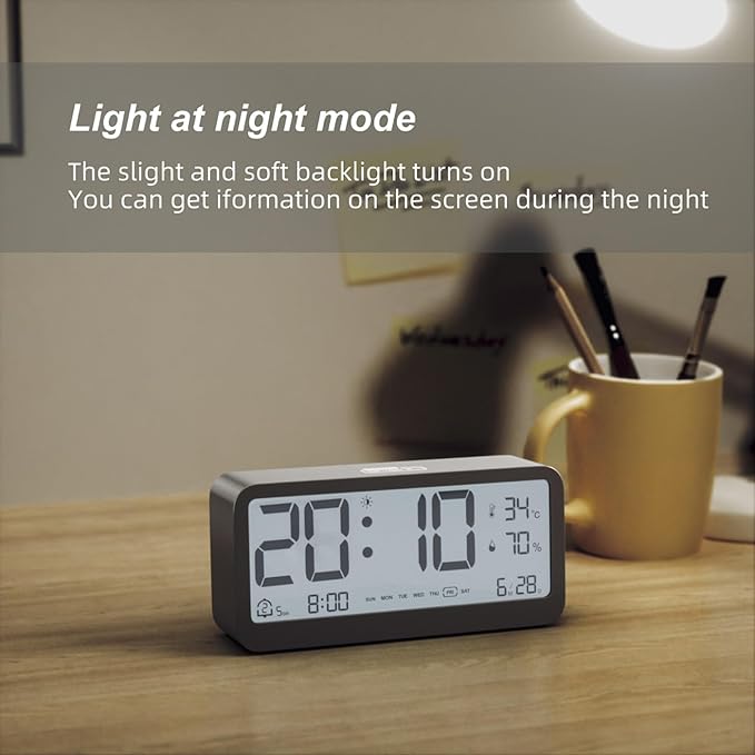 Digital Alarm Clock Battery Powered with Date | Indoor Temperature | Humidity | LCD Display | Dual Alarms | Snooze and Backlight Desk Small Clock (Black)