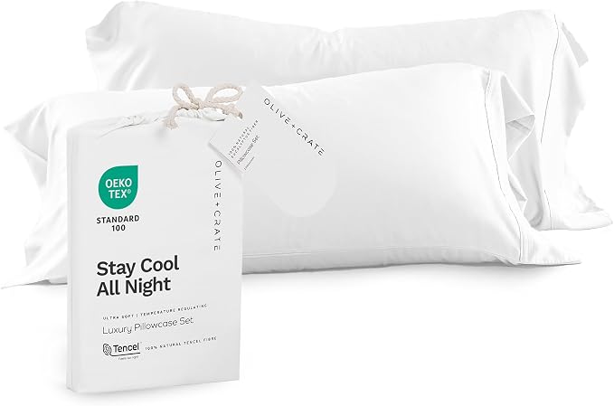 Olive + Crate Tencel Eucalyptus Pillowcases - 100% Tencel Lyocell Cooling Pillow Cases for Hot Sleepers - Hypoallergenic, Moisture-Wicking, Silk Alternative, Vegan - Queen Size Set of 2 [White Snow]