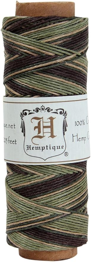 Hemptique 100% Natural Hemp Cord Single Spool - 205ft ~ 62.5m Hemp String Spool - Crafters Number 1 Choice - .5mm Cord Thread for Jewelry Making, Macramé, Scrapbooking, & More - Camouflage