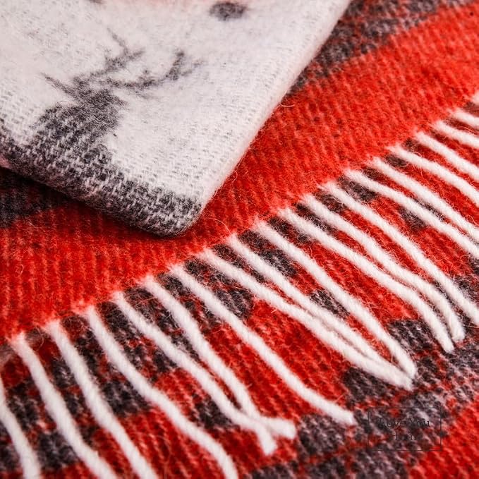 LYHome Merino Wool Blanket - Warm Throw for Cold Weather, Warmest Travel Outdoor Camping Blankets, Picnic Army and Military Throws, Comforter Soft & Cozy (55" x 79" Red with White Raindeers)