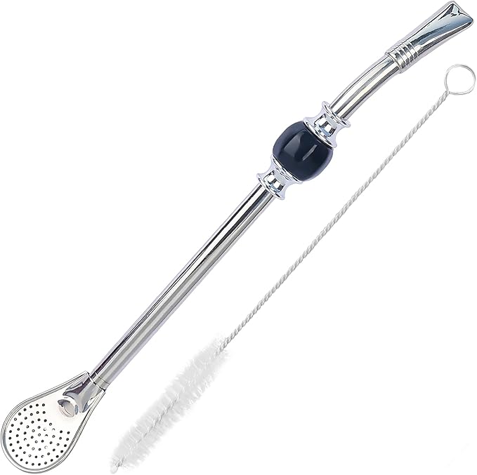 Premium Yerba Mate Straws - Reusable Stainless Steel Bombilla with Colorful Beads - Set with Removable Head Filter (Black)