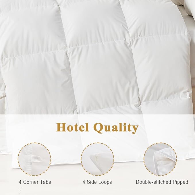 TOPGREEN Organic Feather Down Comforter Oversized Queen, Luxury Extra-Fluffy Duvet Insert, All Season Bed Comforter with Ultra-Soft Organic Cotton Case (98x98 Inch, Ivory White)