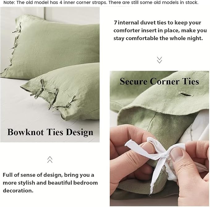 Simple&Opulence 100% Linen Duvet Cover Set 3pcs with Bowknot Ties Closure Natural French Washed Flax Solid Color Soft Breathable Farmhouse Bedding - Sage Green, Queen Size