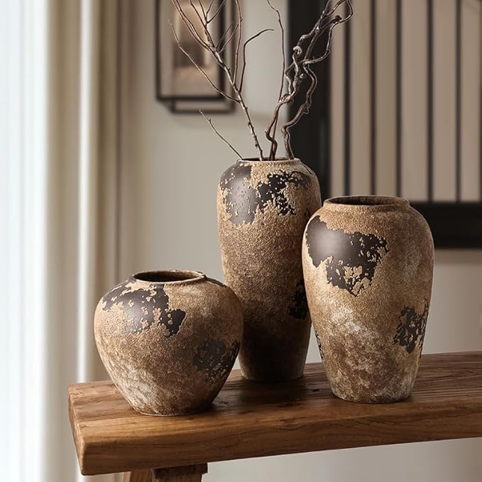 Wabi Sabi Pottery Vase, Brown Ceramic Vase for Home Decor - Handmade Rustic Farmhouse Centerpiece with Organic Texture, Neutral Table & Shelf Decor Vase (Large)