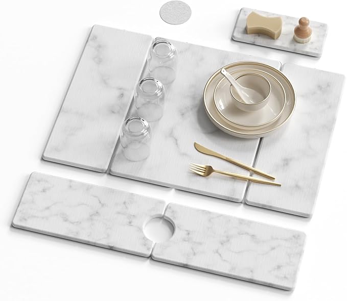 3 PCS Large Stone Dish Drying Mat for Kitchen Counter -24"x16" Absorbent Diatomaceous Earth Mat with Stone Faucet Mat & Soap Tray - Quick Dry, Collapsible, Non-Slip Countertop Organizer
