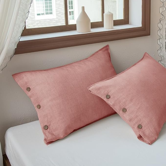 EVERLY 100% Linen Pillowcases Set of 2, French Linen from Normandy, 20X36Inch Standard Size, Natural Color, Coconut Buttons Closure, Flax Pillowshams-Pillowcase-Pink