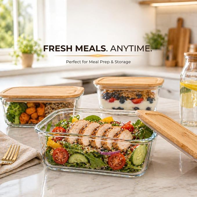Kitchen Details Glass Food Storage Containers with Bamboo Lids, 6-Piece Set, 3 Sizes, Borosilicate Glass Meal Prep Containers, Airtight, Stackable, Microwave and Oven Safe