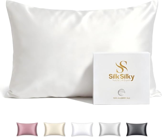 SilkSilky Luxury 30 Momme 100% Pure Organic Mulberry Silk Pillowcase for Hair & Skin, Grade 6A+ Silk Pillow Cases with Hidden Zipper, Cooling Silk for Deep Sleep (King 20''x36'', White)