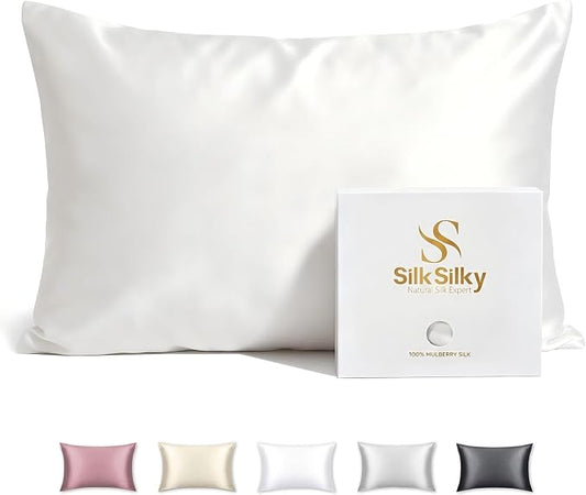 SilkSilky Luxury 30 Momme 100% Pure Organic Mulberry Silk Pillowcase for Hair & Skin, Grade 6A+ Silk Pillow Cases with Hidden Zipper, Cooling Silk for Deep Sleep (King 20''x36'', White)