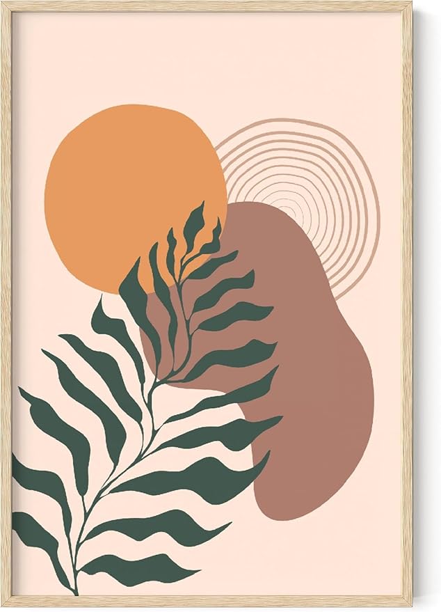 Boho Monstera Leaf Wall Art Abstract Sun Earth Tones Terracotta Mid Century Modern 24x36 Inch Oak Wood Beige Framed Minimalist Botanical Print for Living Room Office