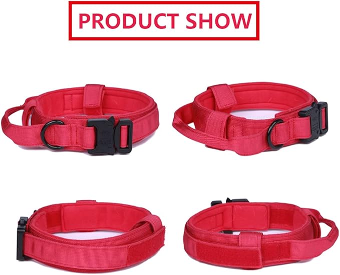 Tactical Dog Collar and Leash Set Adjustable Military Nylon Dog Collar with Control Handle and Heavy Duty Metal Buckle for Large Dogs（Red XL
