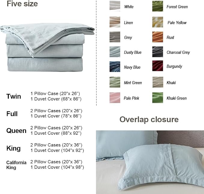 Simple&Opulence French Linen Duvet Cover Set 104"x 98"- 3 Pieces (1 Comforter Cover,2 Pillowcases)-Natural Flax Cotton Blend-Solid Color Breathable Farmhouse Bedding-Dusty Blue,California King