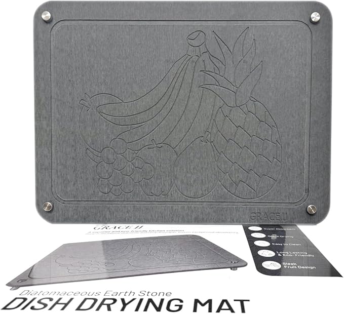Stone Dish Drying Mat for Kitchen Counter, Absorbent Quick Drying with Non-Slip Feet - Heat Resistant ( 15.7 x 11.8 ) Diatomaceous Earth - Dark Gray