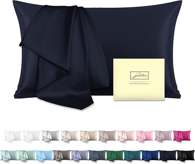 Mulberry Silk Pillowcase for Hair and Skin Standard Size 20"X 26" Pillow Case with Hidden Zipper Soft Breathable Smooth Cooling Silk Pillow Covers for Sleeping (Navy Blue,Standard,1Pcs)