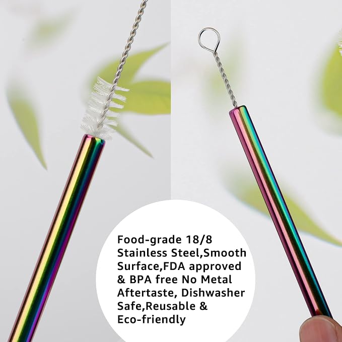 Tronco Set of 6 Stainless Steel Reusable Metal Straws with Silicone Flex Tips Elbows Cover, Metal Drinking Straws for Tronco Tumbler, 6 Steel Straws,6 Silicone Tips,1 Straw Cleaning Brush(Iridescence)