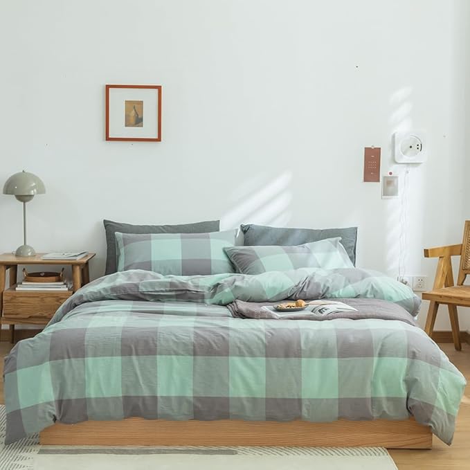 FACE TWO FACE Bedding Duvet Cover Set100% Washed Cotton Duvet Cover Linen Like Textured Breathable Durable Soft Comfy (King, Light Green Grid)