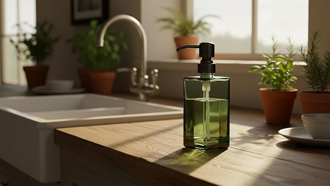 13.5 Oz Green Glass Soap Dispenser with Rust Proof Stainless Steel Pump, Antique Design Refillable Square Lotion Dispenser for Bathroom, Premium Kitchen Hand Soap (Oil Rubbed Bronze)