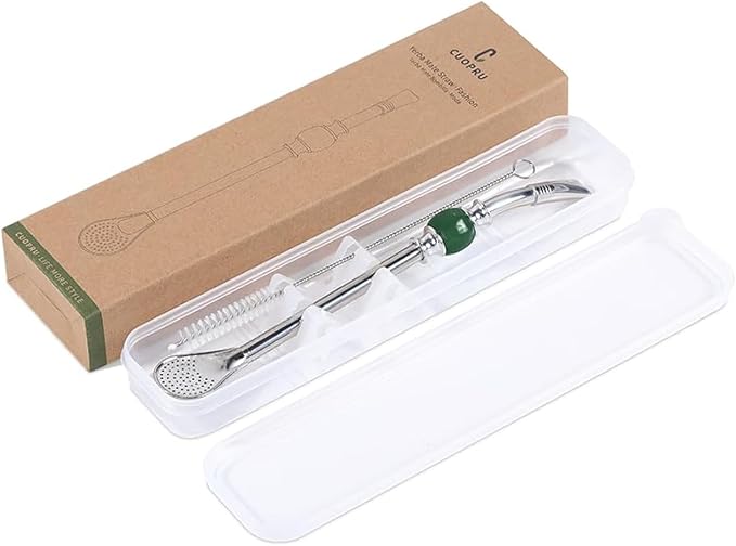 CUOPRU Yerba Mate Bombillas Set - Included Mate Gourd Stainless Steel Straws with Straw Case, Removable Head Filter, Colorful Bead, Cleaning Brush (Green)