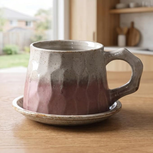 Vintage Faceted Speckled Ceramic Coffee Mug with Saucer, Rustic Stoneware Cup for Tea Latte (YF-CS02)
