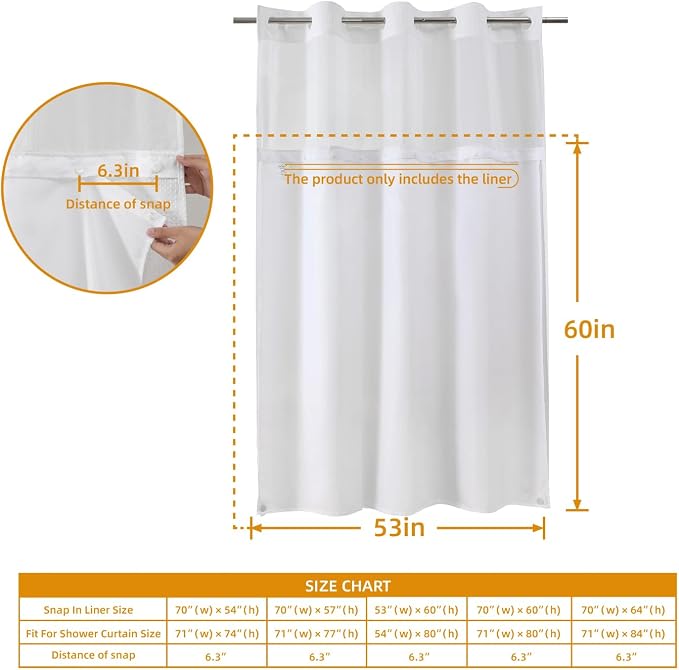 eachope 1 Pack Stall Fabric Snap-in Shower Curtain Liner Replacement,Compatible with No Hook Shower Curtain with Snap in Liner, Removable & Water-Repellent,Machine Washable,53x60,White