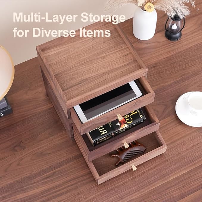 Solid Walnut Wood Desk Drawer Organizer – 1/2 Tier Desktop Storage Box with Drawers for Stationery, Makeup, Jewelry, Remote Control (Single)