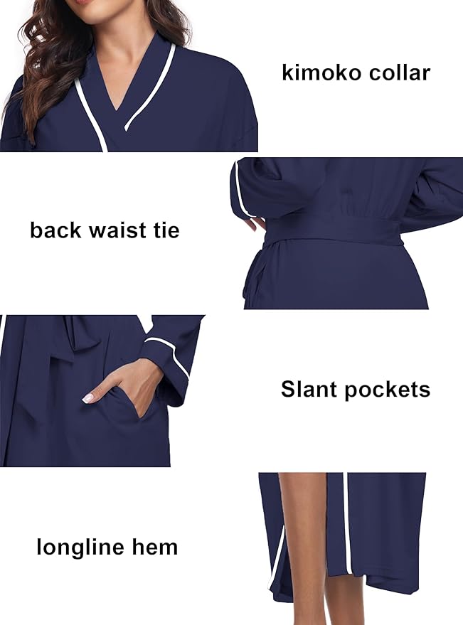 COLORFULLEAF 100% Cotton Women's Robes Summer Lightweight Kimono Soft Long Cotton Bathrobe for Women with Pockets
