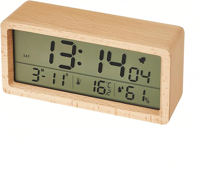 Electronic Wooden Alarm Clock with LCD Large Display Temperature Humidity Soft Nightlight Date Week 12/24 Hour Switch Snooze Mode Easy to Use for Students Office