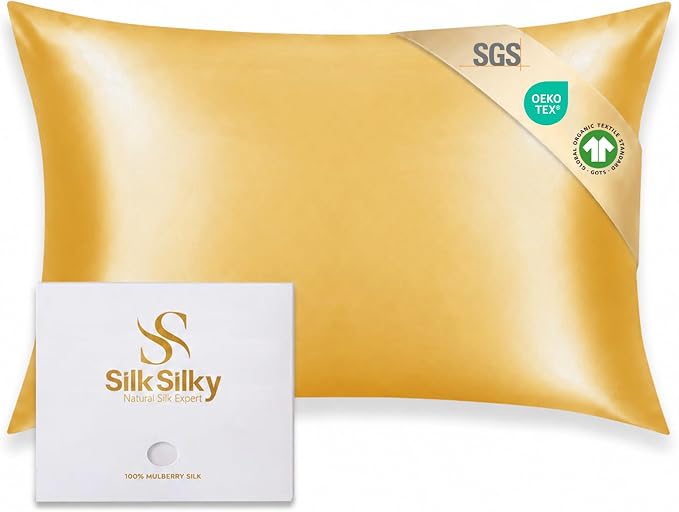 SilkSilky 100% Mulberry Silk Pillowcase - Pure 22 Momme High-Grade 6A Fibers for Hair & Skin, Envelope Closure, Natural, Organic, Breathable & Cooling Pillow Case (Standard, Champagne)