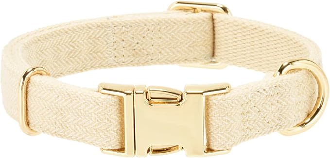 Luxury Soft Cotton Tweed Fabric Dog Collar & Leash Set with Gold Buckle – Durable Fabric, Stylish Design for Everyday Walks(Medium Cream)