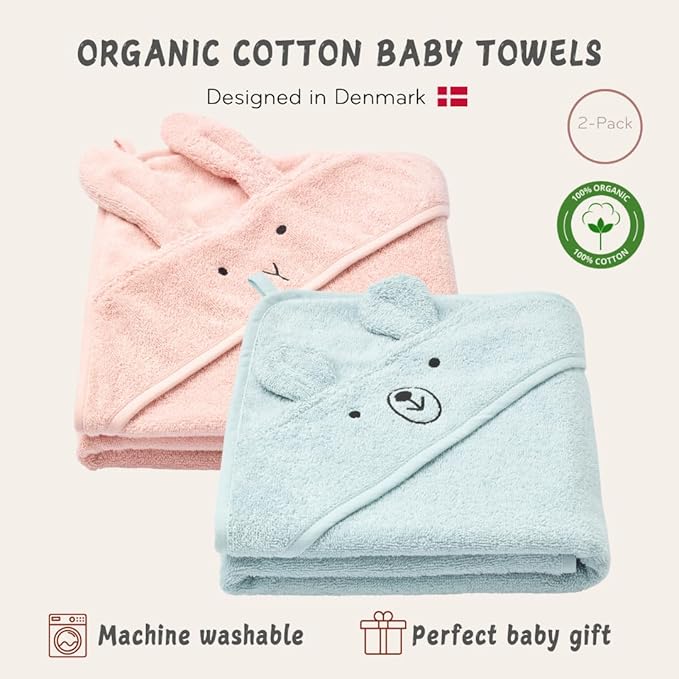 Hooded Baby Towels – 100% Organic Cotton Baby Bath Towels – Baby Boy and Baby Girl Newborn Essentials - Super-Soft and Absorbent. (2-Pack Rabbit Blush and Bear Baby Blue)
