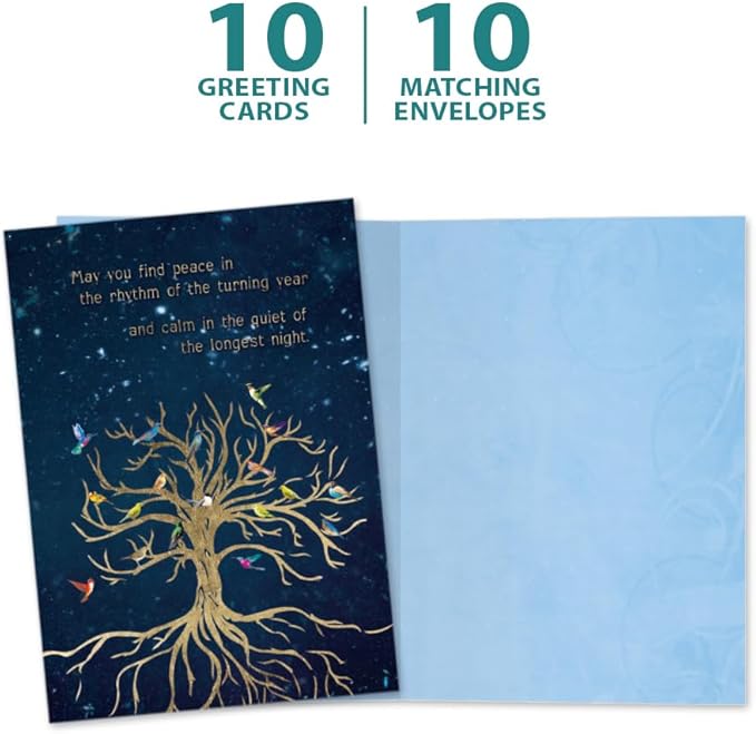 Tree-Free Greetings Bird Tree of Life Solstice Cards - 10 Recycled 5x7 Cards & Matching Envelopes, Thick Cardstock, Made in USA - Golden Growing Tree