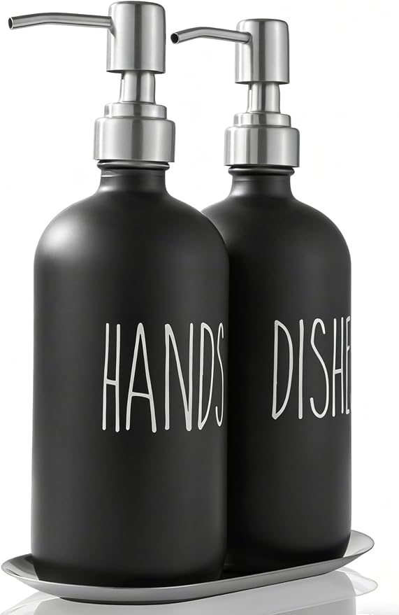 Black Soap Dispenser Set, Glass Soap Dispenser with Stainless Steel Pump & Tray, Farmhouse Hand Soap Dispenser & Dish Soap Dispenser for Bathroom Kitchen Sink(2 Black)