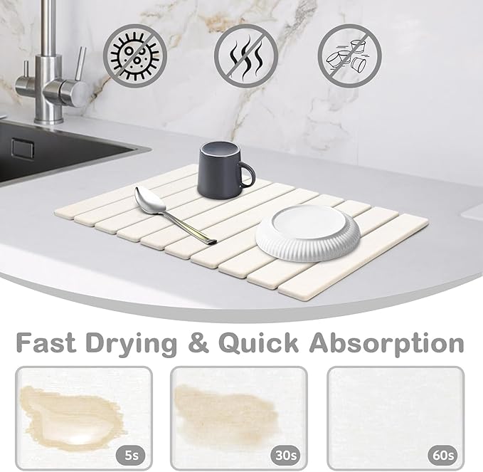 Large Stone Dish Drying Mat for Kitchen Counter, Foldable Quick Drying Dish Mats, Ultra Absorbent Diatomaceous Earth Mats for Dishes Bottles Cups, Match Any Countertop (White 24"×16" & 8"x4")