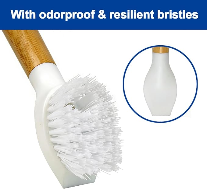CELOX Bamboo Dish Scrubber Brush with Handle, 2 Pack Kitchen Brushes for Dishes