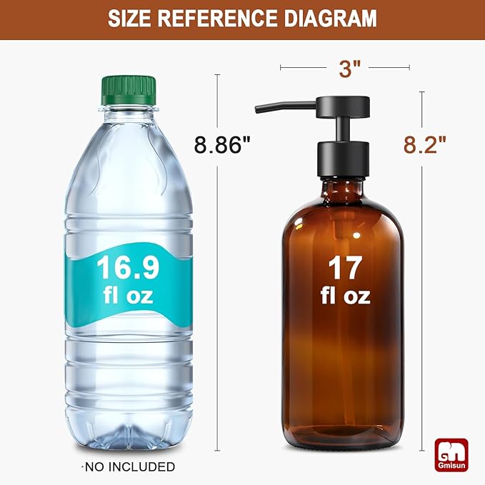 GMISUN Amber Glass Soap Dispenser, 1 Pack Dish Soap Dispensers for Kitchen with Rustproof Stainless Steel Pump, 17 Fl Oz Bathroom Hand Soap Dispenser, Brown Liquid Dishwashing Dispensers Bottle