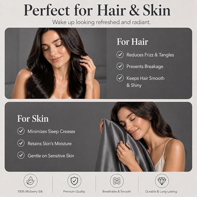 Pure Mulberry Silk Pillow Cases Standard Size, Oeko-TEX Certified 100% Silk Pillowcase for Hair and Skin, Premium 22 Momme silk zippered pillowcase, USA, Dark Gray, 1 Pc 20"x26" (Standard, Slate Grey)