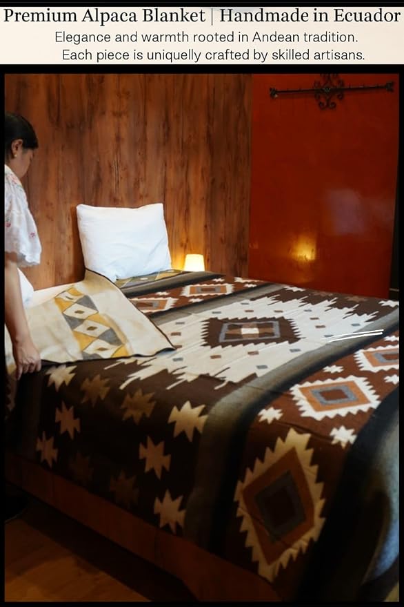 AHUAY Premium Hypoallergenic Alpaca Wool Blanket – Queen Size 94X78 - Ultra Soft Warm Lightweight Andean Geometric Throw, Handmade in Ecuador (Tungurahua Brown Coffee)