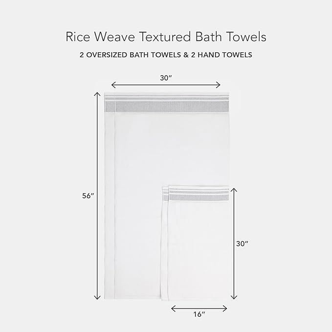 Texere 100% Organic Cotton Rice Weave Jacquard 700 GSM Luxury Bath Towel Sets - 2 Large Bath Towels, 2 Hand Towels (Rice Weave, BRT Wht w/Blk, 2 Bath & 2 Hand Towels)