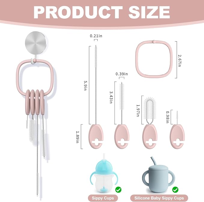YOTIME 4 in 1 Straw Cleaner Brush Set, Reusable Standing Straw Brushes with Holder Ring, for Baby Bottles, Sippy Cups and Lids, Pink