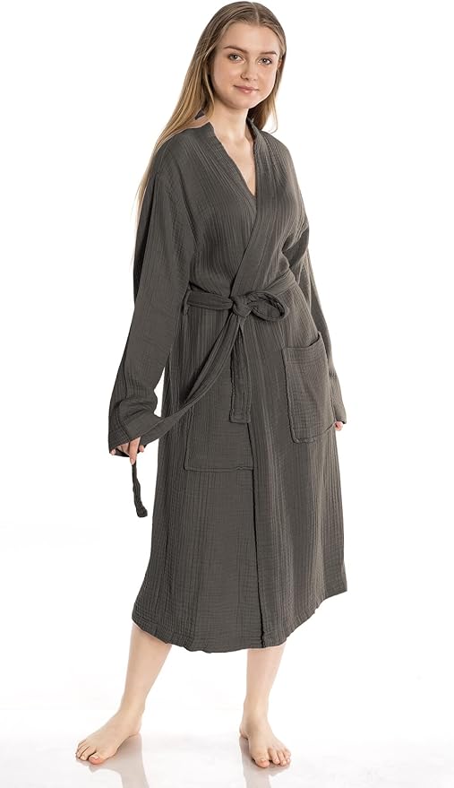 Muslin Unisex Bathrobe Women & Men, 100% Cotton Kimono Lightweight Robe | Long Robes Soft, Absorbent, Spa robes