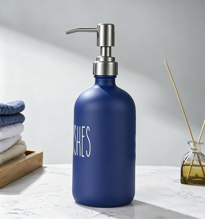 Navy Blue Soap Dispenser Set, Glass Soap Dispenser with Stainless Steel Pump, Farmhouse Hand Soap Dispenser & Dish Soap Dispenser for Bathroom Kitchen Sink(Blue d)