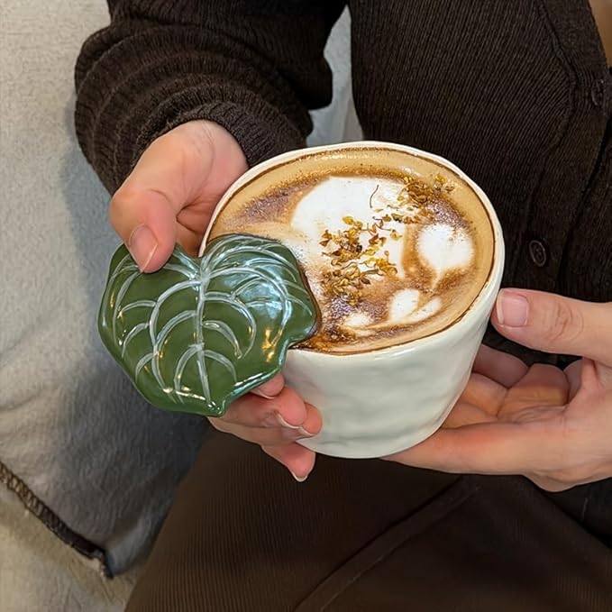 7oz Hand-Painted Leaf Handle Ceramic Coffee Mug, Microwave Dishwasher Safe Tea Cup for Women, Gift for Birthday Christmas Housewarming, Green