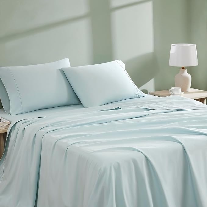Linen Closet 100% Organic Cotton Full Size Sheets Set - 4 Pieces Percale Weave Cooling Bed Sheets for Hot Sleepers - 16" Deep Pocket Fitted Sheet - Crisp, Breathable & Brushed for Softness - Aqua
