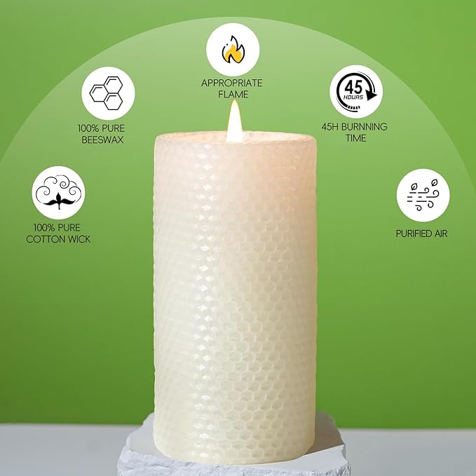 4 Pack Beeswax Pillar Candles, 2.8x6 Inch 180 Hours Hand-Rolled White Large Beeswax Candles, Handmade Pure Bees Wax Honeycomb Bees Wax Candle for Prayer, Unscented Candles (2.8x6 in)