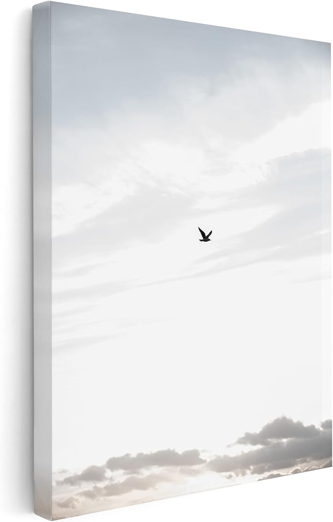 Monem Art Minimalist Bird in Sky Photography Print - Moody Nordic Landscape Art Poster - Wall Decor for Living Room, Bedroom or Office - 12x16 STRETCHED CANVAS Wall Art by Mareike Bohmer