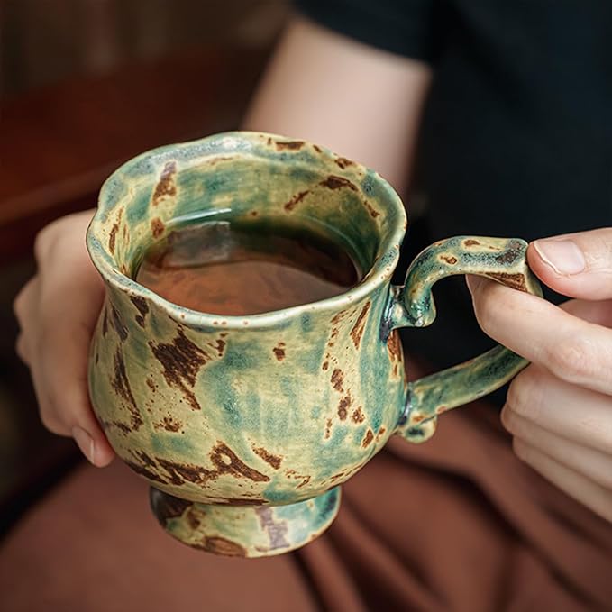 10 oz Footed Ceramic Mug, Turquoise & Brown Glazed Coffee Cup, Rustic Handmade Tea Cup with Handle for Home Office, Dishwasher & Microwave Safe
