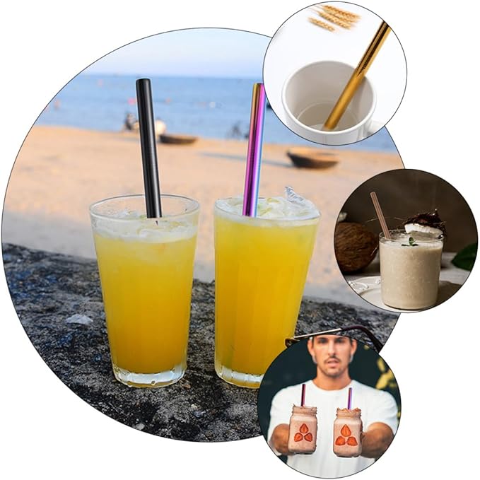 Homoyoyo Reusable Stainless Steel Drinking Straws Set 8pcs 304 Stainless Steel Rust-proof Straws with Cleaning Brushes and Carrying Pouch for Coffee Juice and Cocktail Use