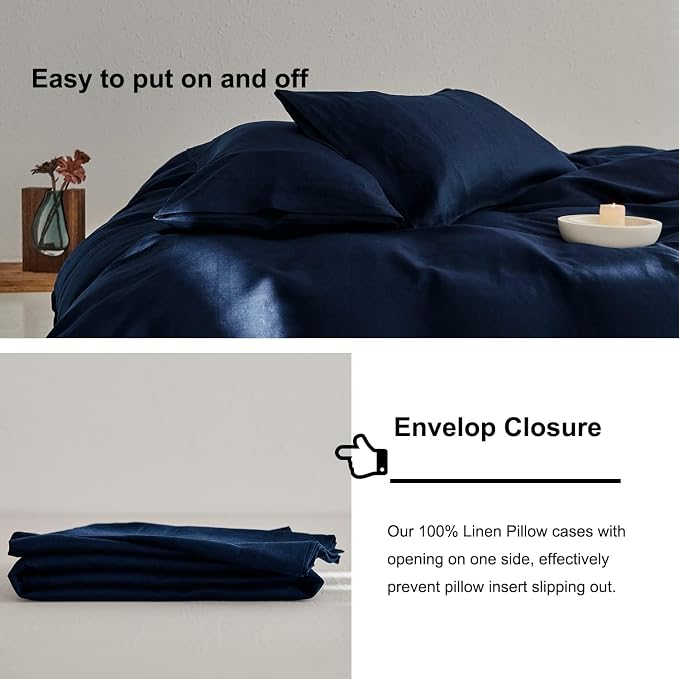 TOSMO Linen Duvet Cover Set, 100% French Flax Natural Linen Bedding 3pcs Set, Soft Breathable for Hot Sleepers 1 Duvet Cover and 2 Pillowcases (Navy, Queen)
