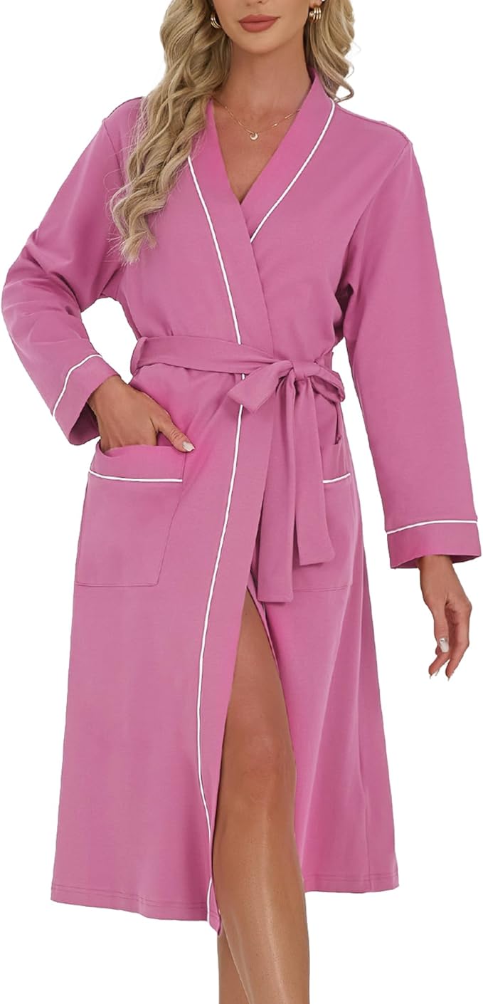 U2SKIIN Womens Organic Cotton Robe, Lightweight Long Kimono Bathrobe for Women, Soft Spa Lounge Sleepwear with Pockets
