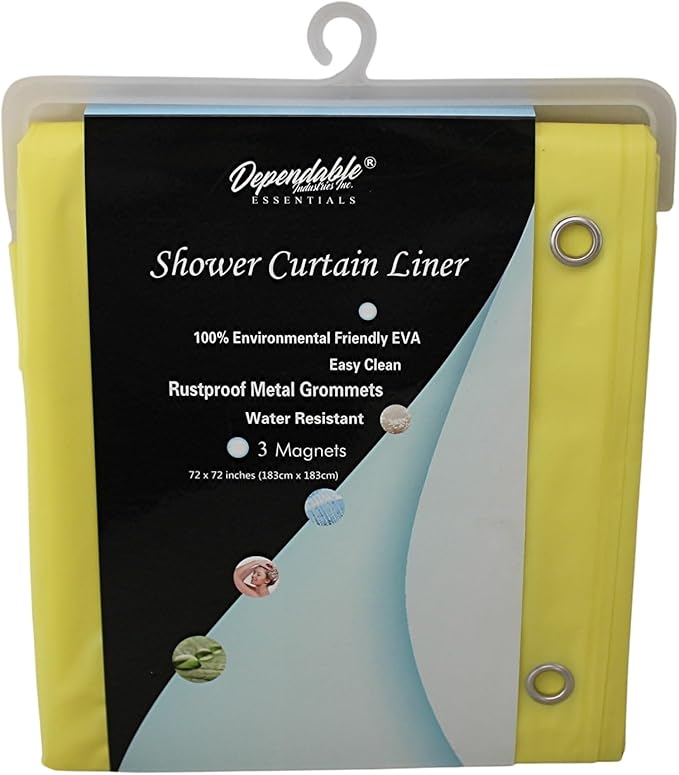 Dependable Industries inc. Essentials Premium 6 Guage EVA Shower Curtain Liner - PVC Free Magnetized Bottom Odorless with Rustproof Grommets (Yellow)